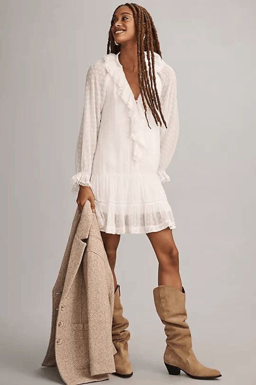 By Anthropologie White Long Sleeve V-Neck Ruffled Mini Dress Women's Size Small